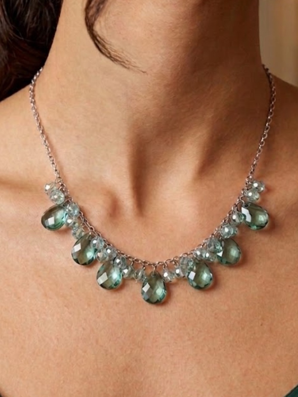 Green Teardrop Jewel Embellished Silver-tone Necklace